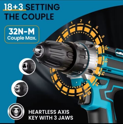 Tornillo con Martillo Inalámbrico 2 Baterías 32 Ajustes de Par 2 Velocidades Maletín para Reparación