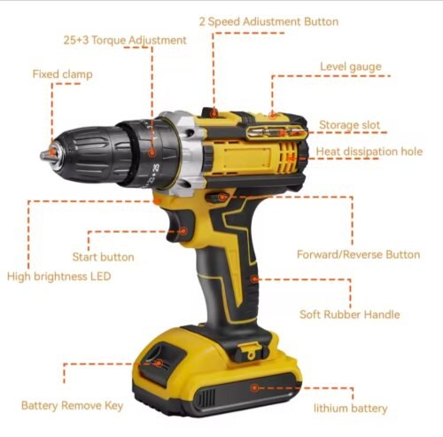 Taladro con Martillo Inalámbrico 2 Baterías 32 Ajustes de Par 2 Velocidades Maletín para Reparación