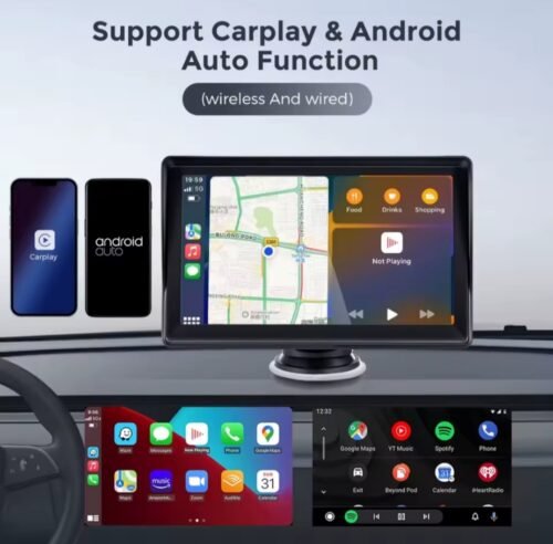 Radio Portátil para Coche con Pantalla Táctil 7 Pulgadas, Reproductor de Vídeo Multimedia, CarPlay Inalámbrico y Bluetooth 5.0, Función de Transmisión FM, Tarjetas TF y USB, Android Auto Compatible