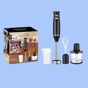 Batidora eléctrica 4 en 1, Acero inoxidable, 500W, 2 velocidades, Turbo, Mango antideslizante, Accesorios incluidos