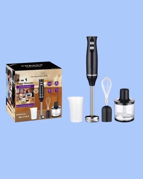 Batidora eléctrica 4 en 1, Acero inoxidable, 500W, 2 velocidades, Turbo, Mango antideslizante, Accesorios incluidos